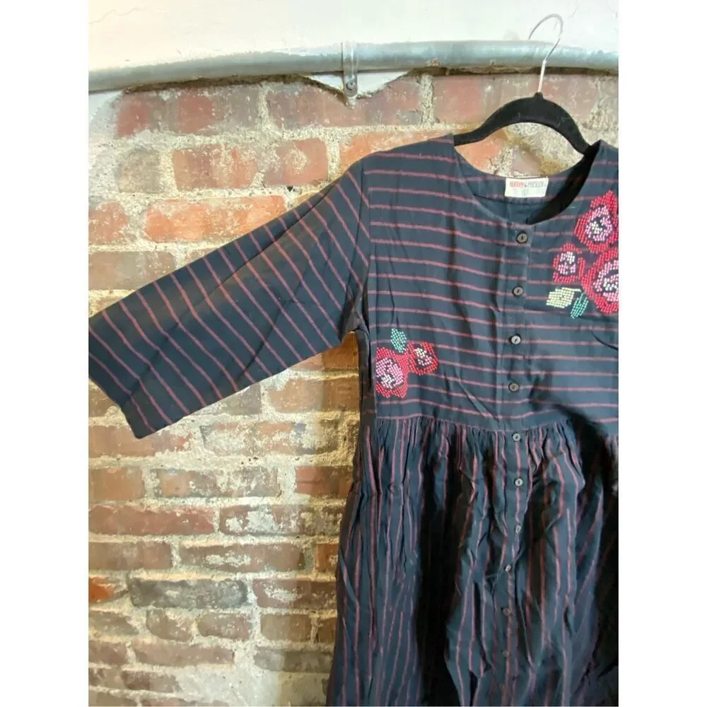 Bombay Paisley Dark Blue Red Stripe Floral Embroidered Button Down 3/4 Sleeve Mi - Picture 2 of 16